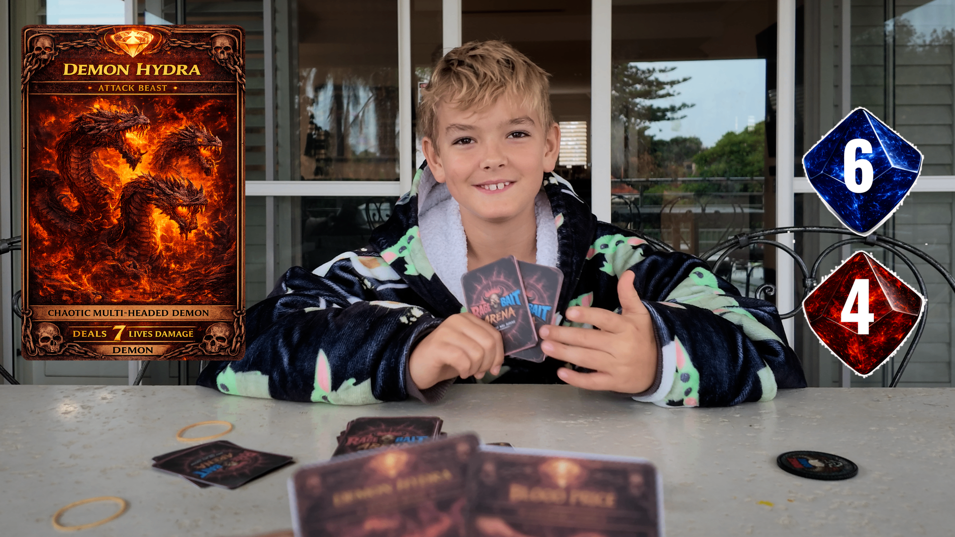 Beta tester playing Rage Bait Arena with a Demon Hydra card